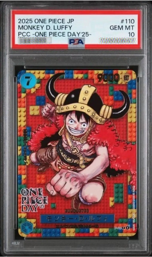 A PSA-graded One Piece trading card featuring Monkey D. Luffy, sealed inside a clear plastic holder with a red PSA header.