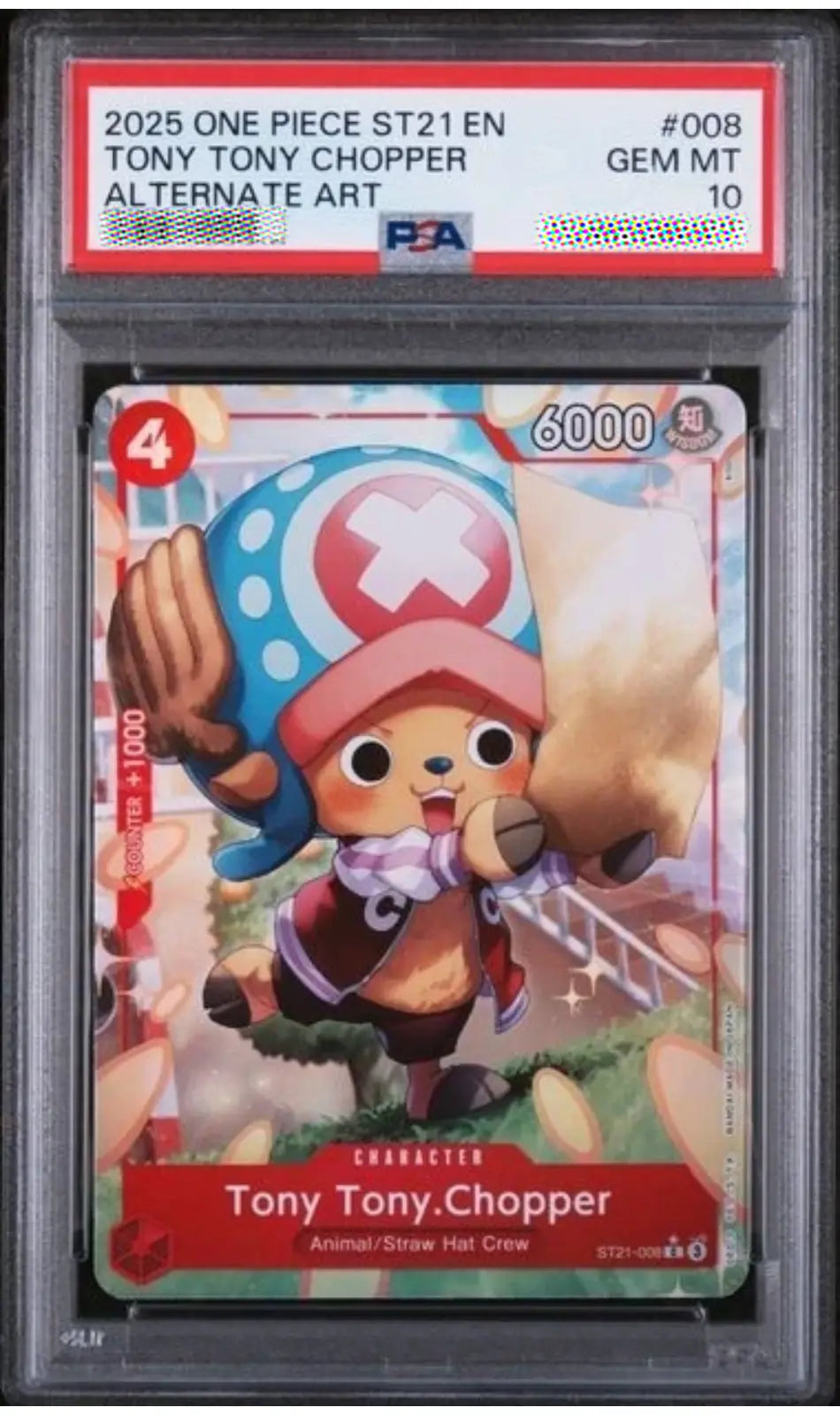 A graded One Piece trading card of Tony Tony Chopper, sealed in a PSA Gem Mint 10 holder. The card features an alternate art illustration of Tony Tony Chopper with his straw hat and a large sack on his shoulder.