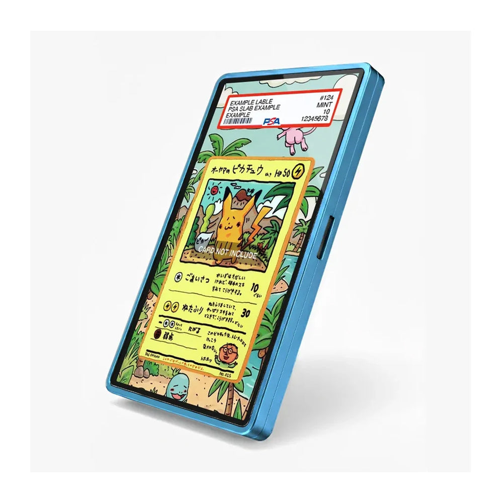 A blue smartphone case shown at an angle on a light gray background, with a colorful illustrated screen displaying a Pokémon-style card interface.