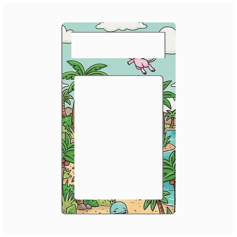 A rectangular picture frame with a tropical beach illustration border, featuring palm trees, sand, ocean, clouds, and cartoon characters, shown on a plain white background.