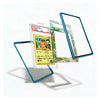 A clear protective case with a bright blue frame is shown floating at an angle, holding a graded Pokémon TCG card. A second view shows the inside of the case with a colorful illustrated insert, and a third view shows the back of the case with a transparent panel.