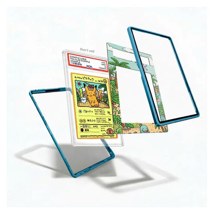 A clear protective case with a bright blue frame is shown floating at an angle, holding a graded Pokémon TCG card. A second view shows the inside of the case with a colorful illustrated insert, and a third view shows the back of the case with a transparent panel.