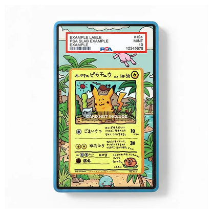 A PSA graded collectible card in a blue protective slab, featuring a colorful illustrated card with a yellow Pokémon character. The PSA label at the top reads 'EXAMPLE LABLE' and shows a grade of 10.