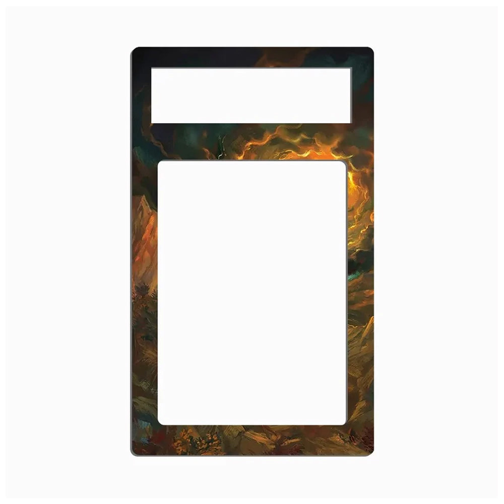 A decorative phone case or frame insert with a large blank white center and a dark fantasy landscape border featuring fiery orange, brown, and black tones, shown on a plain white background.