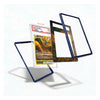 A clear acrylic display card holder with a dark blue frame, shown holding a graded Pokémon card and displaying other card inserts, on a clean white background.