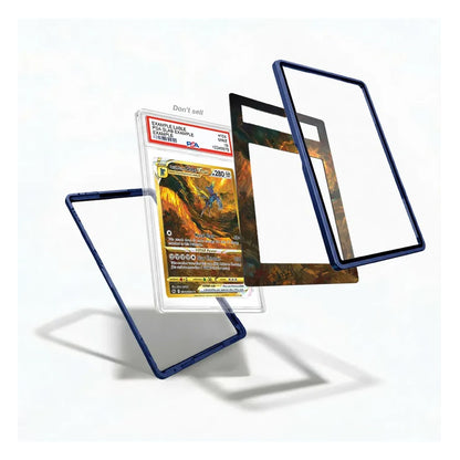 A clear acrylic display card holder with a dark blue frame, shown holding a graded Pokémon card and displaying other card inserts, on a clean white background.