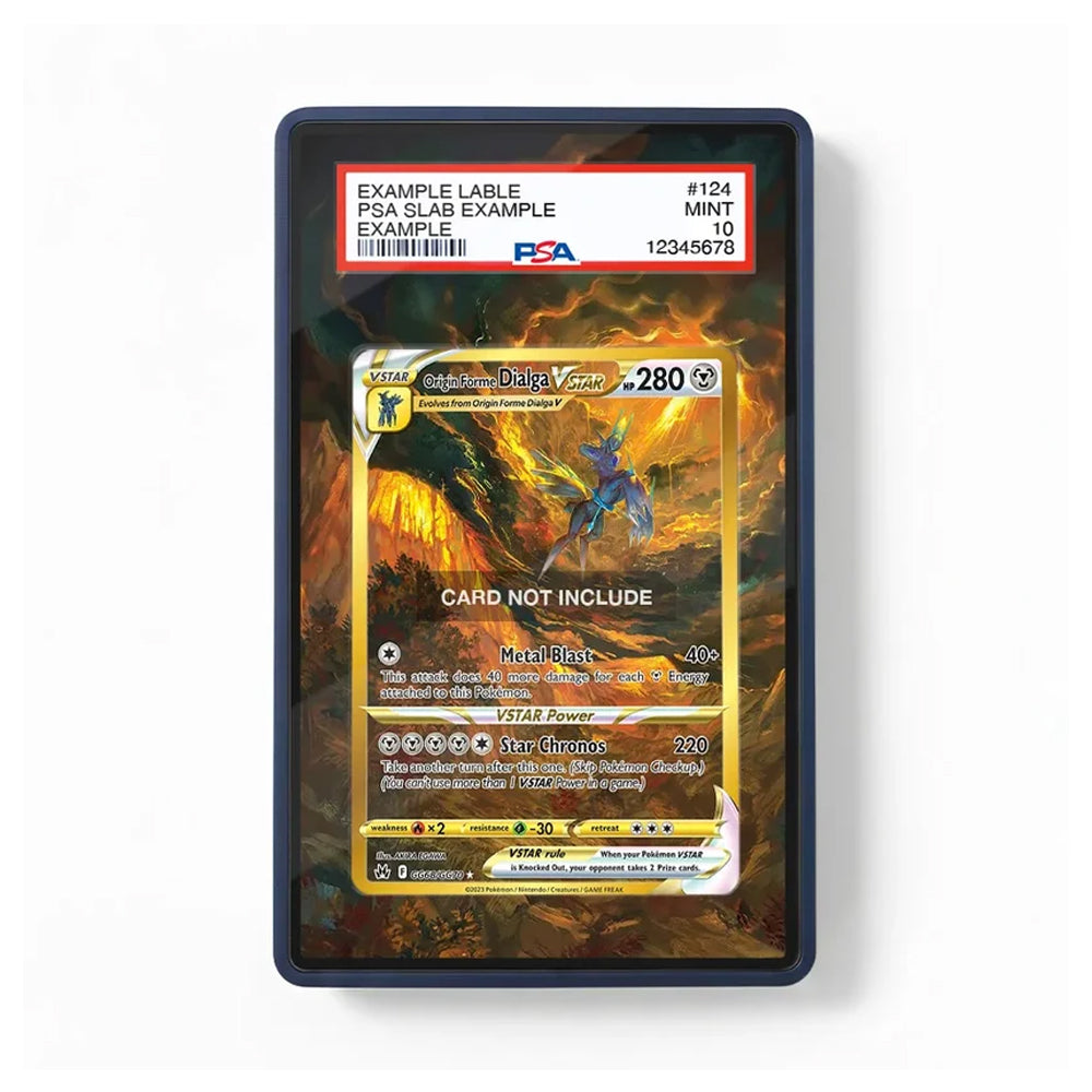 A framed or mounted collectible card slab shown against a plain white background. The slab contains a printed sample Pokémon-style trading card with a red PSA grading label at the top and fantasy artwork in fiery orange, yellow, and brown tones.