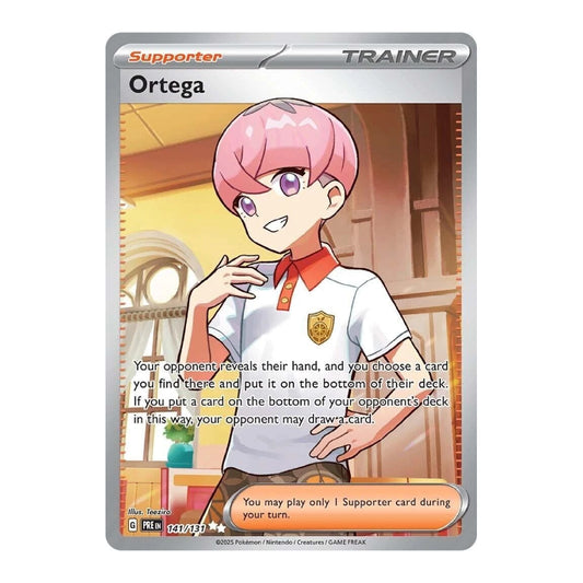 Pokémon trading card featuring a character named Ortega with pink hair and a white shirt.