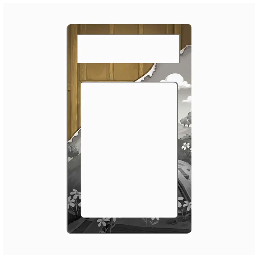 A decorative light switch plate cover featuring a split design: a rustic brown wooden panel on the top half and a black-and-white landscape with flowers and torn-paper effect on the bottom half, with two blank white slots for switches.