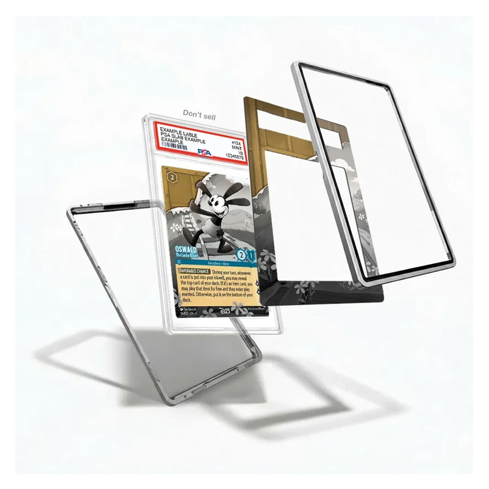 Transparent protective phone case components shown floating apart on a white background, with a graded collectible card partially visible behind them.