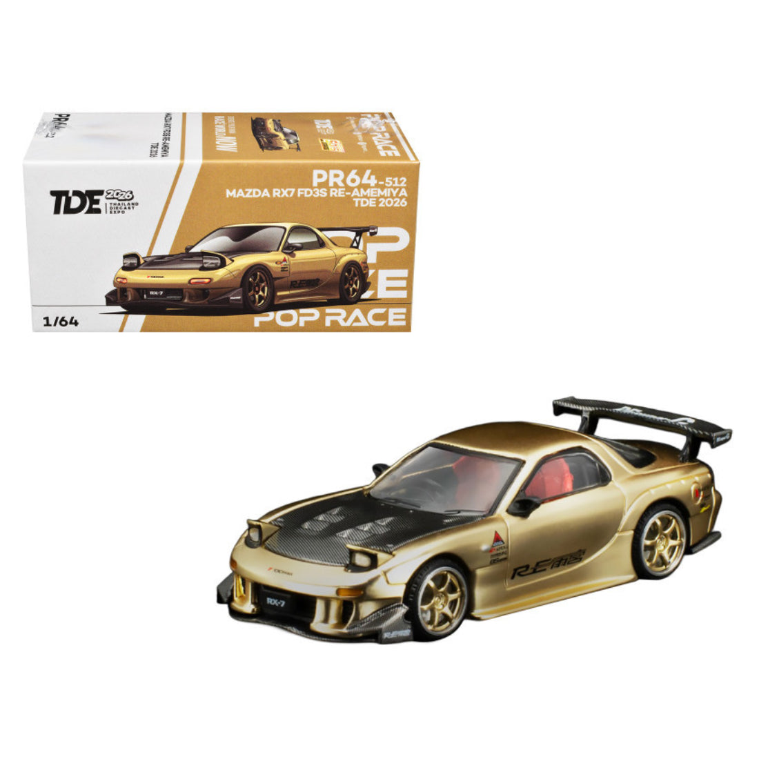 POP RACE 1:64 scale Mazda RX-7 FD3S RE-Amemiya die-cast model car in metallic gold with a black carbon-fiber-style hood, racing decals, gold alloy wheels, pop-up headlights, and a large rear spoiler, PR64-512 TDE 2026 Thailand Diecast Expo collectible car with original packaging.