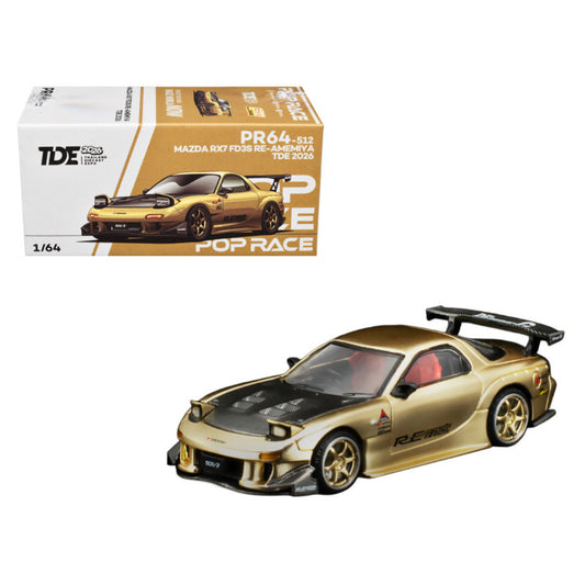 POP RACE 1:64 scale Mazda RX-7 FD3S RE-Amemiya die-cast model car in metallic gold with a black carbon-fiber-style hood, racing decals, gold alloy wheels, pop-up headlights, and a large rear spoiler, PR64-512 TDE 2026 Thailand Diecast Expo collectible car with original packaging.