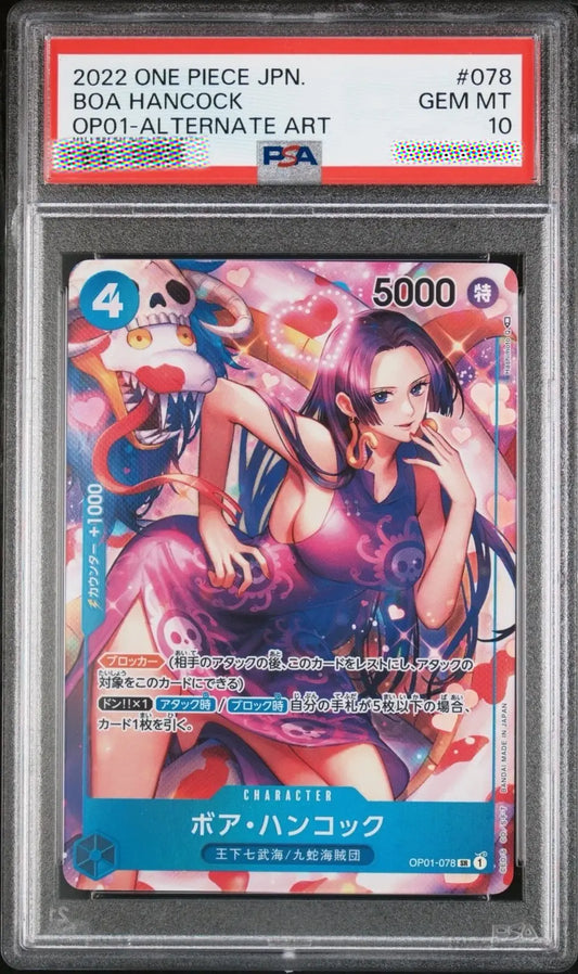 A graded One Piece JPN trading card in a clear PSA slab. The card is BOA Hancock OP01-ALTERNATE ART #078, graded Gem Mint 10 by PSA.