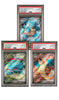 Three Pokémon trading cards in display cases with red labels on a white background