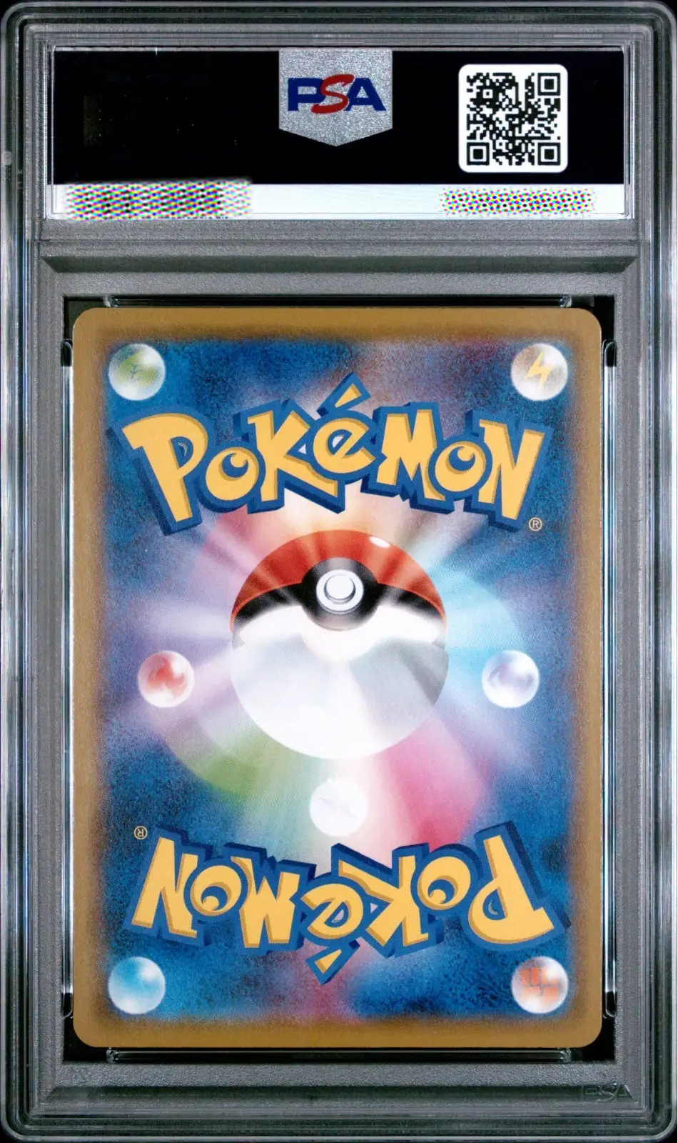 A graded Pokémon card in a PSA slab, featuring the classic blue and yellow Pokémon logo with a Pokéball design on the card face.