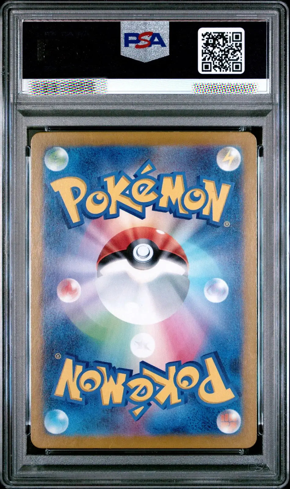 A graded Pokémon card in a PSA protective case, featuring the blue and gold Pokémon logo with a Pokéball illustration on the back.