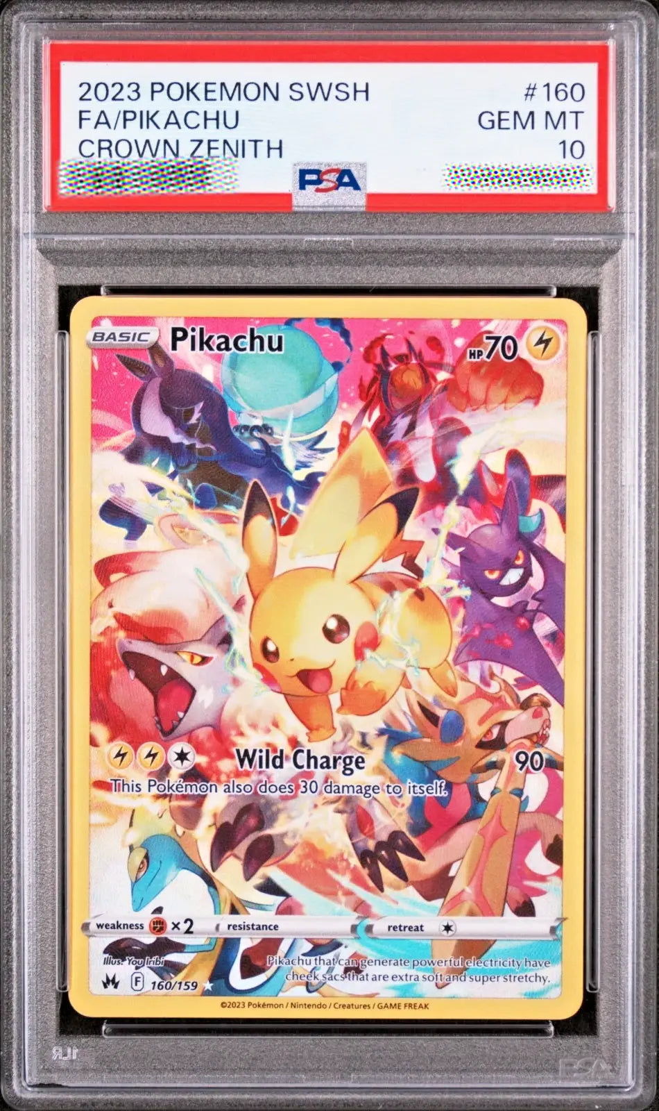 Pokémon trading card featuring Pikachu with a colorful design, encased in a protective holder with a PSA label.