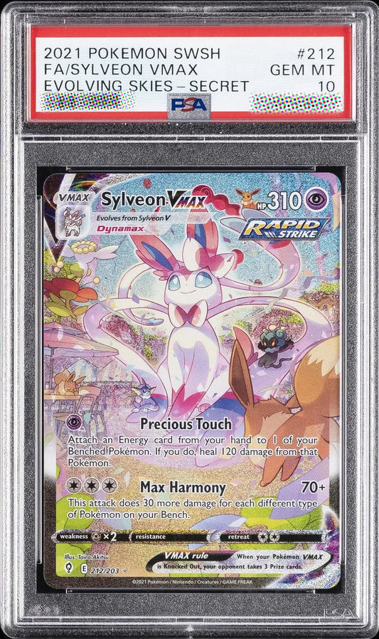 Pokémon trading card featuring Sylveon VMAX in a protective case with PSA grading label.