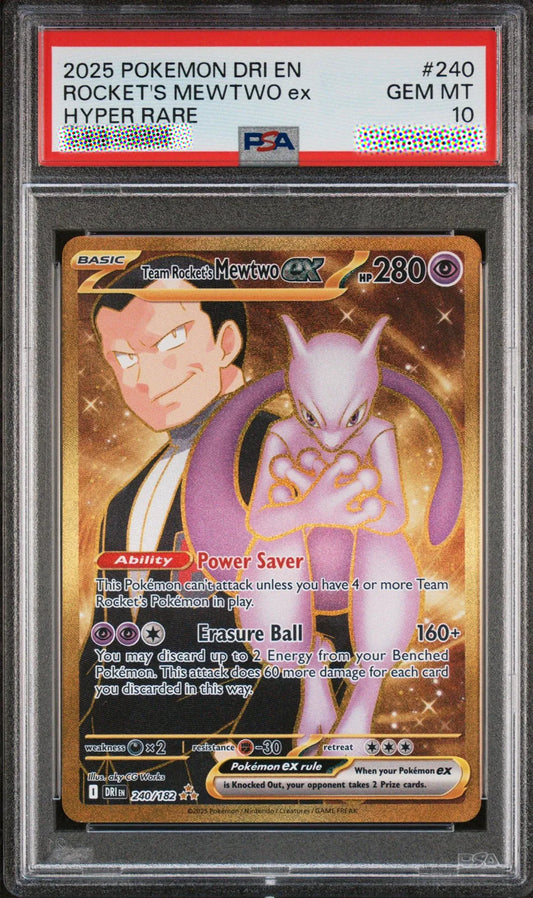 Pokémon trading card featuring Rocket's Mewtwo EX with a PSA grading label.
