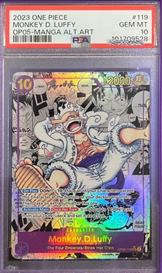 Master Copy listing: One Piece TCG English OP05-119 Monkey D. Luffy Manga Alternate Art PSA 10 GEM MT. Ultimate One Piece grail card.