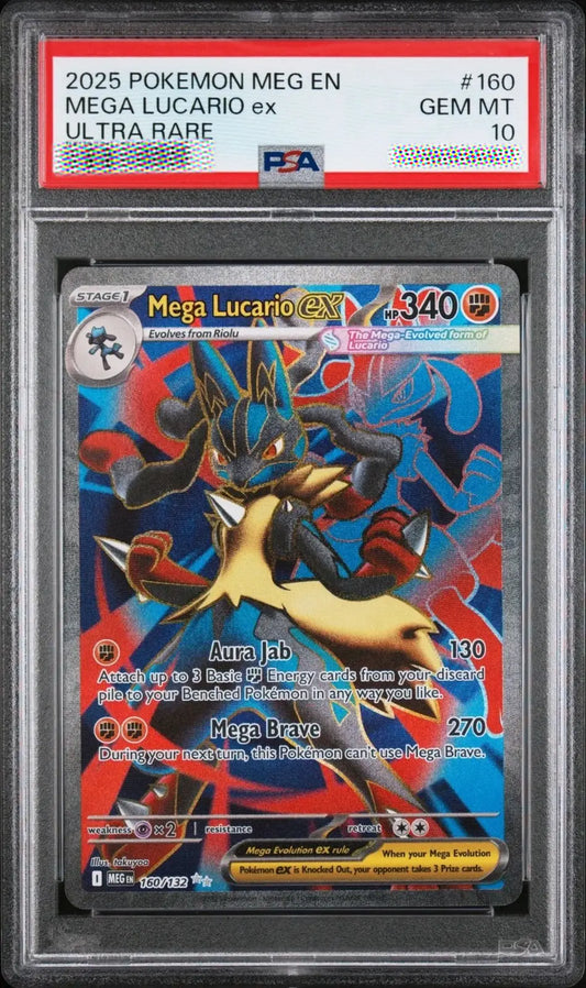 Pokémon trading card featuring Mega Lucario EX with PFA grading label