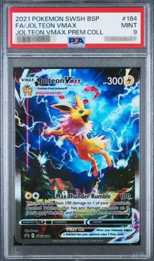 Pokémon trading card featuring Jolteon VMAX with PSA grading information.
