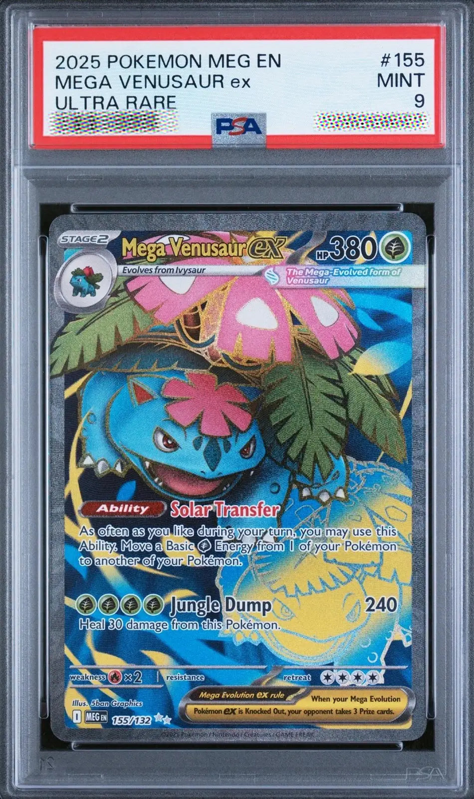 A graded Pokémon MEGA VENUSAU R ex ultra rare MEG EN card, PSA 9 Mint, inside a clear plastic grading slab. The card features a blue Venusaur with pink flowers and green leaves, with a red PSA grading label at the top.