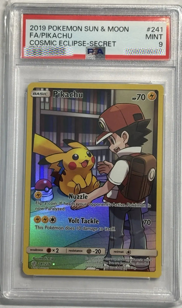 Pokémon trading card featuring Pikachu and a character, with a PSA 9 grading label on top.