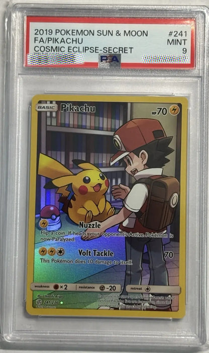 Pokémon trading card featuring Pikachu and a character, with a PSA 9 grading label on top.