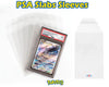 PSA Slabs Sleeves featuring clear plastic card slabs and sleeves, with a demonstration of a graded Pokémon card inside a sleeve and a plain clear sleeve on a white background.
