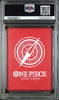  deck in a clear plastic holder, featuring a red card back with a white compass design and the text 'ONE PIECE CARD GAME'. The PSA logo and QR code are visible on the grading slab.