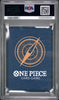 A PSA graded One Piece Card Game card pack inside a clear plastic grading case, with a dark blue card sleeve featuring a gold compass design and white One Piece branding.
