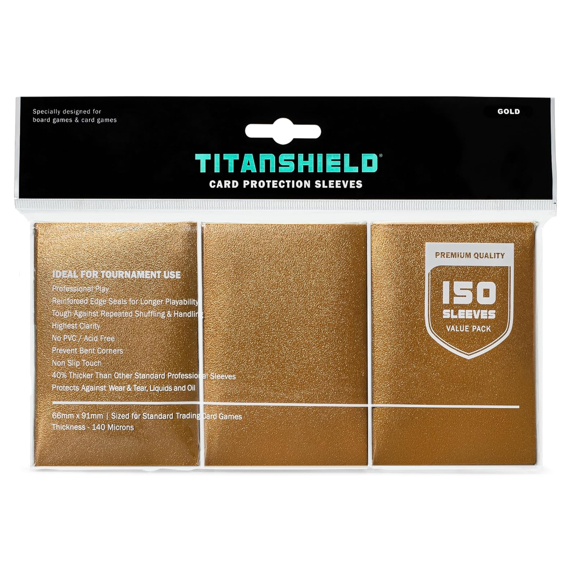 Pack of Titanshield card protection sleeves with gold packaging on a white background