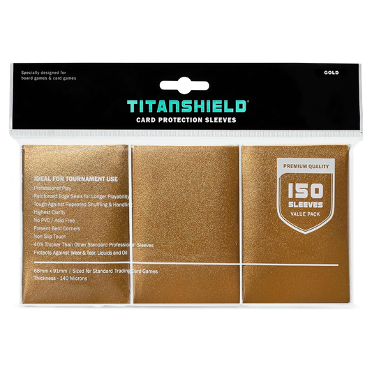 Pack of Titanshield card protection sleeves with gold packaging on a white background