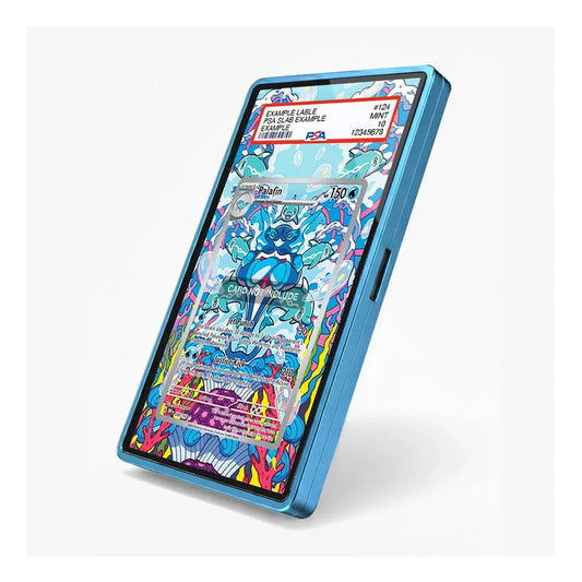 A blue protective phone case shown at an angle on a light gray background, displaying a colorful Pokémon-themed screen mockup.