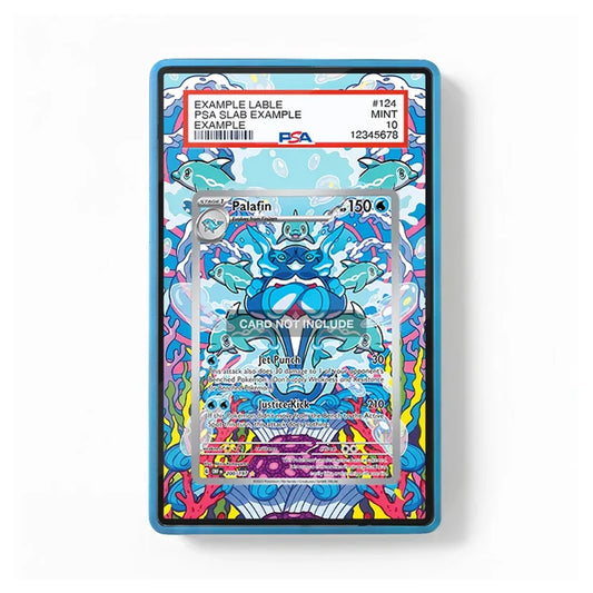 A PSA graded holographic Pokémon card featuring a colorful, psychedelic coral reef design, displayed inside a blue protective slab frame on a white background.
