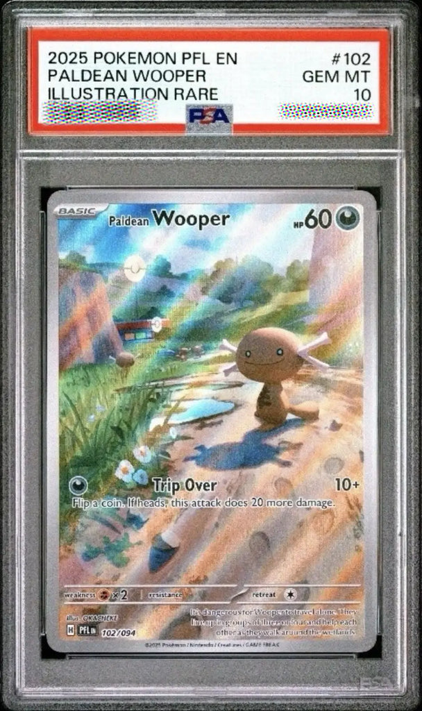 Pokémon trading card featuring Paldean Wooper in a protective case with PSA grading label.