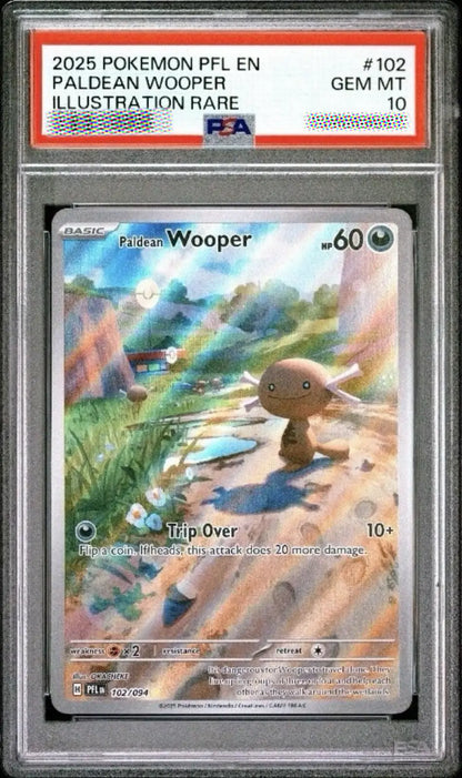 Pokémon trading card featuring Paldean Wooper in a protective case with PSA grading label.