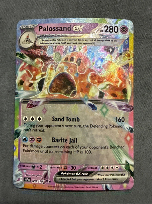 Pokémon TCG Double Rare (RR) holographic card of Palossand ex (091/191) from the Scarlet & Violet: Surging Sparks (SV08) set, featuring the Stage 1 Ghost/Ground-type Pokémon in a textured ex design.