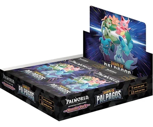 A Palworld Dawn of Palpagos booster pack display box shown at an angle on a plain white background. The box features colorful artwork of three Palpagos characters on the front panel and multiple booster pack designs visible inside.