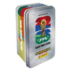 FIFA World Cup-themed metal tin with colorful design and trophy illustration on a white background