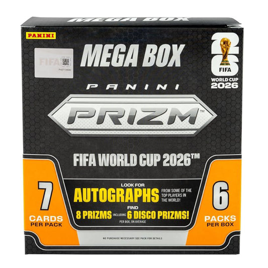 Panini FIFA World Cup 2026 Prizm Mega Box card pack packaging, featuring a black and silver design with orange accents and text indicating 7 cards per pack and 6 prizms included.