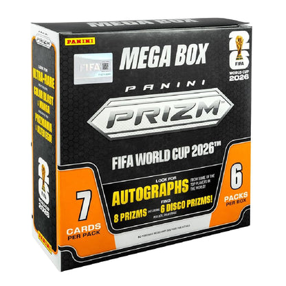 Panini FIFA World Cup 2026 Prizm Mega Box card pack, featuring a black and orange box with gold accents, containing 7 autographed cards and 6 disco prisms.