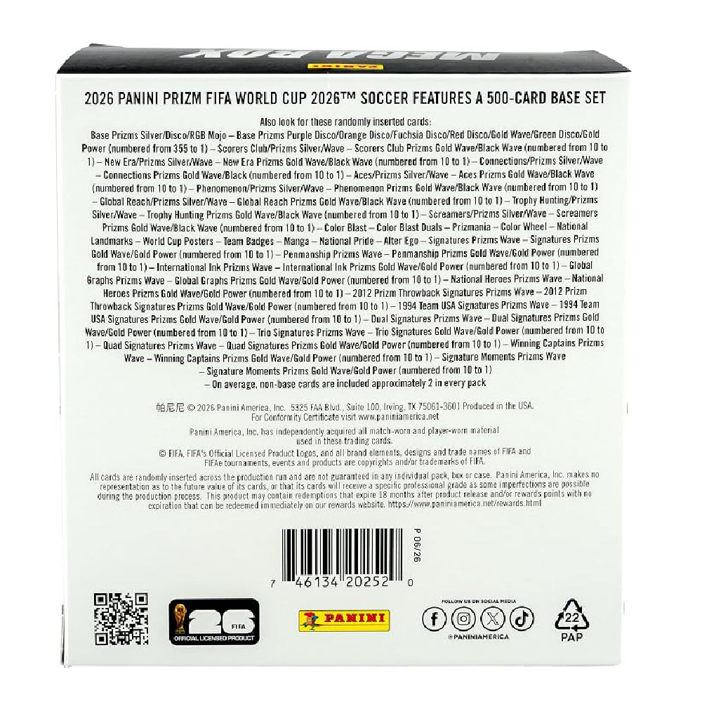 The back of a 2026 Panini Prizz FIFA World Cup soccer collectible card base set box, featuring extensive text details, a barcode, and a gold Panini logo at the bottom.