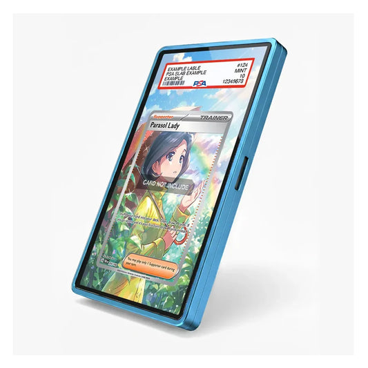 A blue protective smartphone case shown at an angle on a light gray background, with a sample Pokémon card displayed on the phone screen inside the case.