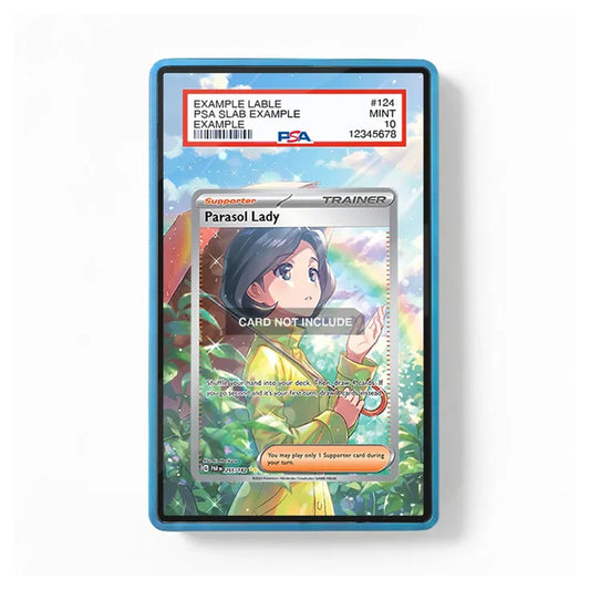 A PSA graded holographic Pokémon TCG card slab containing a Parasol Lady supporter card, shown against a plain white background. The slab has a blue border and a red PSA label at the top.
