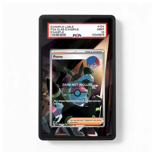 A PSA-graded Pokémon trading card slab showing a Trainer card labeled 'Penny' with an example grading label at the top, photographed against a plain white background.