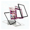Three clear acrylic card protectors with black borders are shown floating around a graded holographic Pokémon TCG card in a clear slab, on a clean white background.