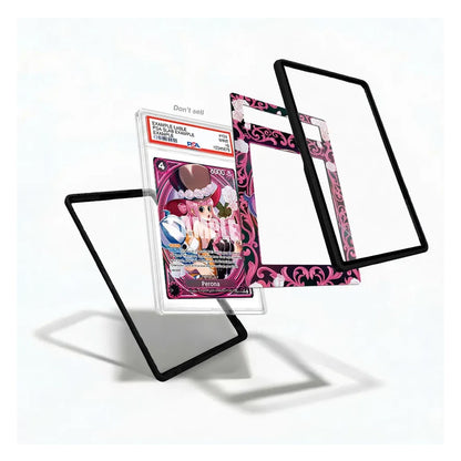 Three clear acrylic card protectors with black borders are shown floating around a graded holographic Pokémon TCG card in a clear slab, on a clean white background.