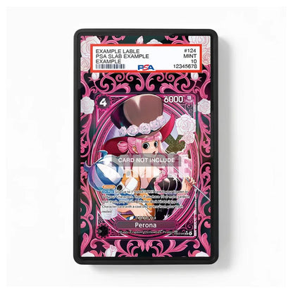 A PSA graded collectible card slab showing an illustrated character card with pink ornate borders and a white grading label at the top. The slab is photographed on a plain white background.